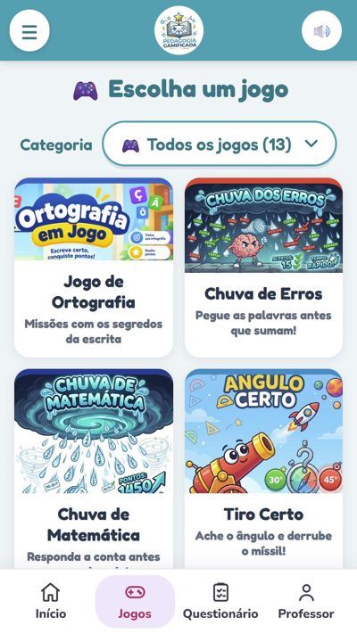 Tela Escolha um jogo com o menu Categoria e os cartões dos jogos