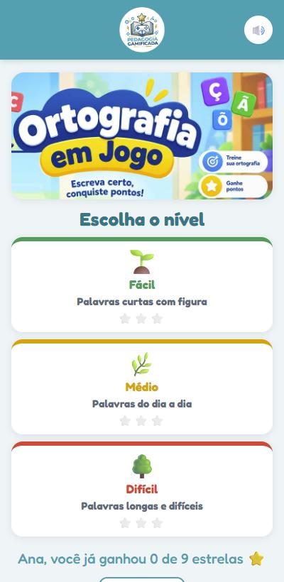 Escolha do nível no Jogo de Ortografia