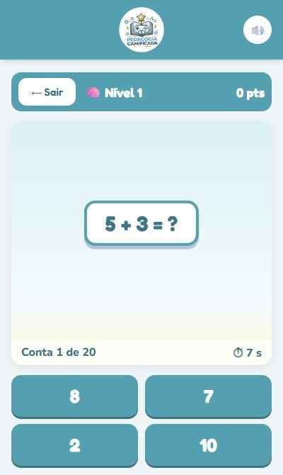 Conta 5 + 3 caindo e quatro respostas