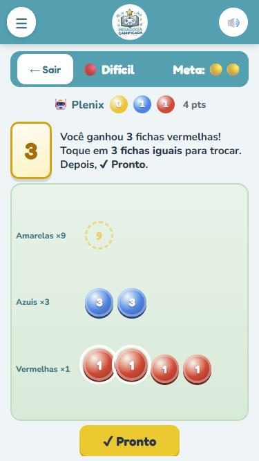 Tela das Fichas Coloridas com a cartela 3 e as fichas