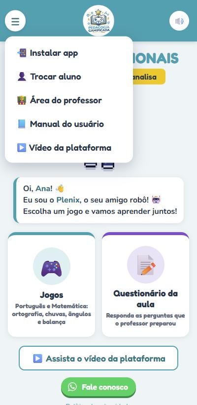Menu aberto no topo do app com a opção Área do professor
