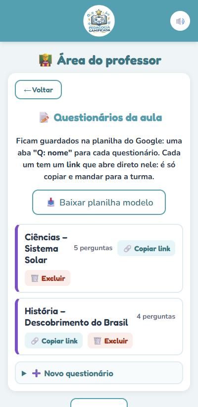 Lista de questionários com os botões Copiar link e Excluir