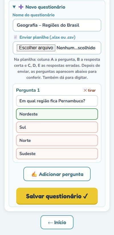 Formulário de novo questionário com uma pergunta preenchida